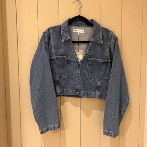 Zara Cropped Blue Denim Long Sleeve Shirt